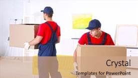  Presentation with biomedical new - Slides consisting of moving yellow light - male workers with boxes background and a  colored foreground