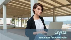  Presentation with concentrated solar power - Colorful theme enhanced with moving yellow sunlight - concentrated young woman sitting backdrop and a ocean colored foreground