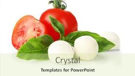  Presentation with mozzarella cheese - Theme enhanced with mozzarella cheese balls cherry tomatoes and green fresh organic basil isolated on white background and a soft green colored foreground