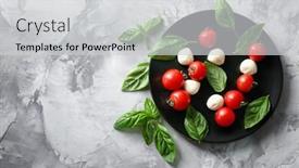  Presentation with mozzarella cheese - Slide deck consisting of mozzarella cheese balls cherry tomatoes and green fresh organic basil on grey background background and a light gray colored foreground