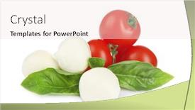  Presentation with mozzarella cheese - Theme enhanced with mozzarella cheese balls cherry tomatoes and green fresh organic basil isolated on white background and a sky blue colored foreground