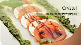  Presentation with salad dressing - Presentation having caprese salad - salad with tomatoes background and a soft green colored foreground