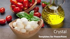  Presentation with mozzarella cheese - PPT layouts consisting of mozzarella-cheese-cherry-tomatoes background and a coral colored foreground