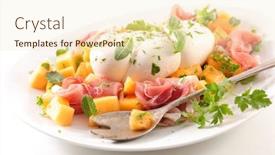  Presentation with melon - Presentation design featuring mozzarella-with-melon-prosciutto-ham background and a cream colored foreground