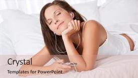  Presentation with listening woman - PPT layouts consisting of mp3 player with ear buds background and a  colored foreground