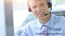  Presentation with college education happy smiling - PPT theme with mqanaging customer service - happy businessman in headphones smiling background and a light blue colored foreground