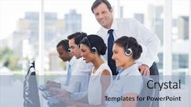  Presentation with smiling kids at summer camp - Beautiful PPT layouts featuring mqanaging customer service - smiling manager looking at camera backdrop and a light blue colored foreground