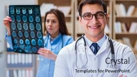  Presentation with computer tomography - Cool new slide set with mri brain - young doctor looking at computer backdrop and a light blue colored foreground