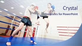  Presentation with thai boxing - Presentation theme having muay thai boxers at training background and a sky blue colored foreground