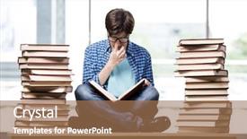  Presentation with test exam student - Beautiful presentation theme featuring much education - student with lots of books backdrop and a coral colored foreground