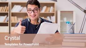  Presentation with test exam student - Presentation enhanced with much education - young student preparing for his background and a coral colored foreground