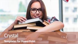  Presentation with many books - Audience pleasing presentation theme consisting of much education - young woman student with many backdrop and a coral colored foreground
