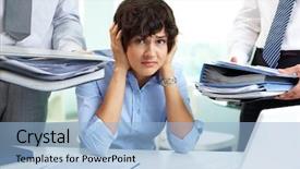  Presentation with secretary - Presentation design enhanced with much work - terrified secretary touching her head background and a  colored foreground