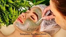  Presentation with therapeutic - Beautiful PPT theme featuring mud facial mask of woman in spa salon massage with clay full face in therapy room female lying wooden spa bed applying beautician with bowl therapeutic procedure on green plants background backdrop and a coral colored foreground