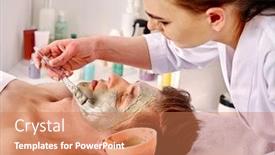  Presentation with anti aging - PPT theme featuring mud facial mask of woman in spa salon massage with clay full face girl on with therapy room female lying wooden spa bed removing black dots anti-aging cosmetic mask background and a coral colored foreground