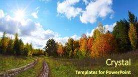  Presentation with autumn blue - Presentation featuring muddy autumn road through forest and blue sky with clouds and sun background and a tawny brown colored foreground