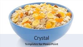  Presentation with muesli - Theme enhanced with muesli cereals isolated on white background background and a light blue colored foreground