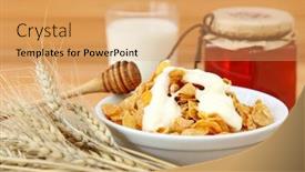  Presentation with nuts milk - Audience pleasing PPT theme consisting of muesli in bowl with nuts milk and honey backdrop and a yellow colored foreground