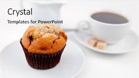  Presentation with muffin - Beautiful PPT theme featuring muffin and a cup of coffee on white plates with sugar and milk against a white background backdrop and a white colored foreground