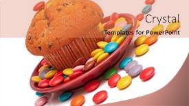  Presentation with muffin - Presentation theme featuring muffin and colorful sweet candies background and a coral colored foreground