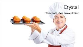  Presentation with chef - Beautiful presentation featuring muffin cake recipe - smiling chef isolated over white backdrop and a white colored foreground