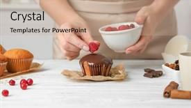  Presentation with cakes cupcake - Audience pleasing PPT layouts consisting of muffin recipe - female baker decorating tasty cupcake backdrop and a coral colored foreground