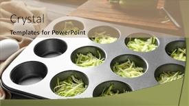  Presentation with muffin - Audience pleasing slides consisting of muffin tin with grated zucchini on table backdrop and a coral colored foreground