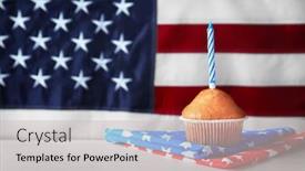  Presentation with muffin - Cool new PPT theme with muffin with candle on table against american flag background backdrop and a light gray colored foreground