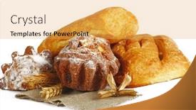  Presentation with muffins - Colorful slide set enhanced with muffins with raisins and croissant isolated on white background backdrop and a yellow colored foreground