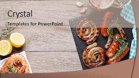  Presentation with shrimps - Presentation theme featuring mug grilled shrimps and sausage background and a soft green colored foreground