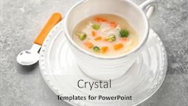  Presentation with soup - Beautiful theme featuring mug with creamy soup for baby on table backdrop and a light gray colored foreground