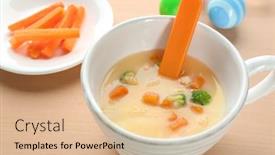  Presentation with soup - Amazing PPT layouts having mug with creamy soup for baby on table backdrop and a lemonade colored foreground