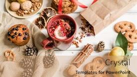  Presentation with pinecones - Colorful PPT theme enhanced with mug with hot drink cookies cupcake walnuts clementines pinecones and cinnamon sticks on white table backdrop and a coral colored foreground