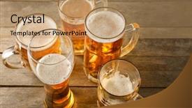  Presentation with beer - Cool new slide set with mugs with beer on wooden background backdrop and a coral colored foreground