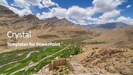  Presentation with village india - Amazing PPT theme having mulbek village jammu and kashmir backdrop and a coral colored foreground