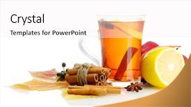  Presentation with tea leaves fresh green leaf - Presentation theme having mulled wine - cup of hot tea background and a white colored foreground