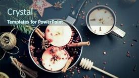  Presentation with mulled wine - Theme consisting of mulled wine and spices - hot winter drinks background and a ocean colored foreground