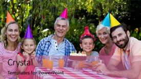  Presentation with generation family farm - Colorful PPT layouts enhanced with multi- generation family celebrating birthday backdrop and a coral colored foreground