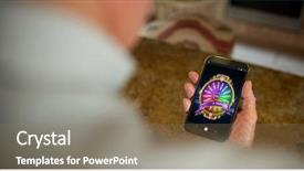  Presentation with man holding phone - Presentation design with multi color geometric - colorful wheel of fortune background and a coral colored foreground