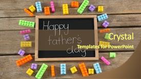  Presentation with wooden toy - Audience pleasing slide deck consisting of multi color geometric - overhead view of slate backdrop and a tawny brown colored foreground