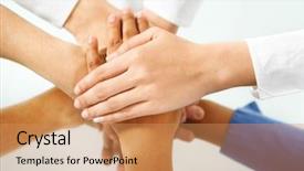  Presentation with people unity - Colorful slides enhanced with multi color hand of people hand in unity to express togetherness in community backdrop and a coral colored foreground