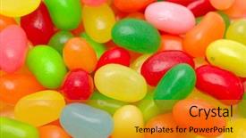  Presentation with jelly bean - Audience pleasing PPT theme consisting of multi color jelly bean backdrop and a gold colored foreground
