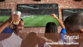  Presentation with sports bar - Audience pleasing PPT theme consisting of multi colored bars - friends watching game in sports backdrop and a tawny brown colored foreground