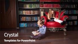  Presentation with children reading - Audience pleasing PPT layouts consisting of multi colored books - children reading book at home backdrop and a tawny brown colored foreground