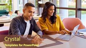  Presentation with multi cultural - Slide set enhanced with multi-cultural-business-colleagues-meeting background and a tawny brown colored foreground