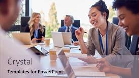  Presentation with multi cultural - PPT theme having multi-cultural-business-team-meeting background and a light gray colored foreground