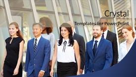  Presentation with multi cultural - Slide deck featuring multi-cultural business team outside background and a coral colored foreground