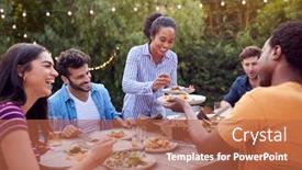  Presentation with home garden - Audience pleasing PPT theme consisting of multi-cultural-friends-at-home backdrop and a red colored foreground