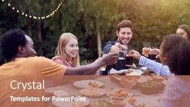  Presentation with summer party - Slides featuring multi-cultural-friends-at-home background and a coral colored foreground