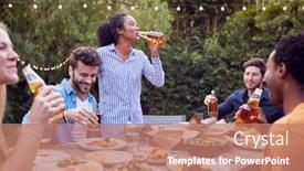  Presentation with beer garden - Beautiful slides featuring multi-cultural-friends-at-home backdrop and a coral colored foreground